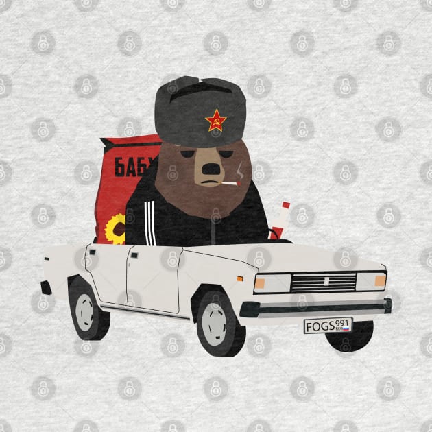 Gopnik Russian bear in the car on the road with sunflower seeds no text by FOGSJ